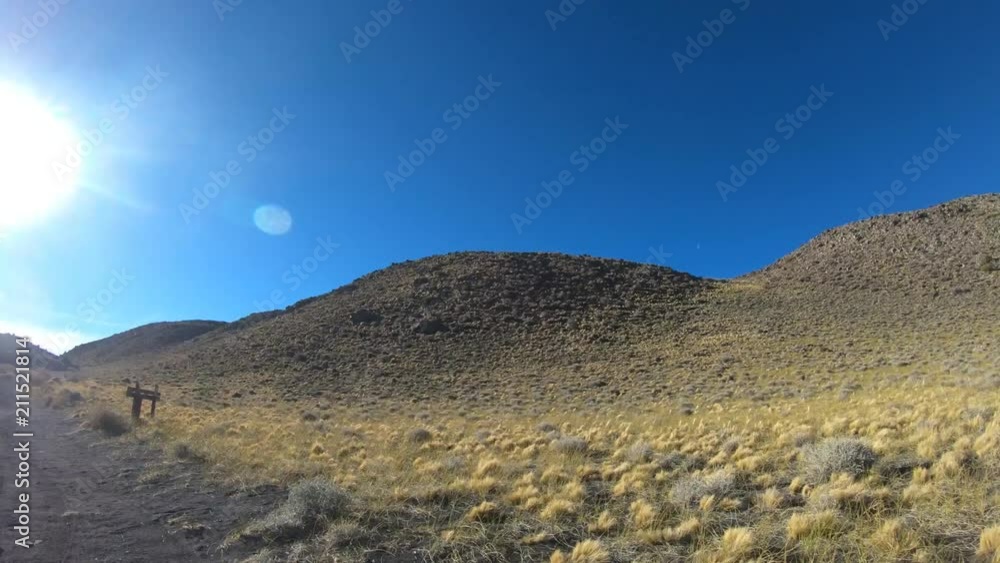 Timelapse at La Payunia National Park in Malargüe, Cuyo, Mendoza. Camera gripped at car moving forward on gravel black volcanic road rocks and golden grasses. Volcanos on background. Timelapse at La Payunia National Park in Malargüe, Cuyo, Mendoza. Camera gripped at car moving forward on gravel black volcanic road rocks and golden grasses. Volcanos on background.