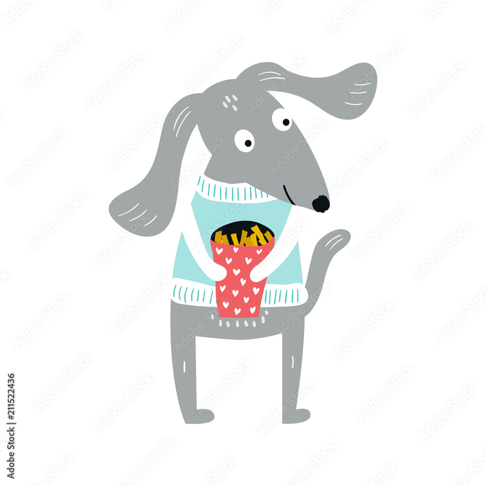 Obraz premium Cute hand drawn nursery poster with dog animal in a knitted sweater with popcorn.