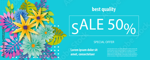 Horizontal paper cut tropical flower sale banner. Colored chamomile bud origami isolated vector background. Floral discount design. Craft 3d plant eco card template.