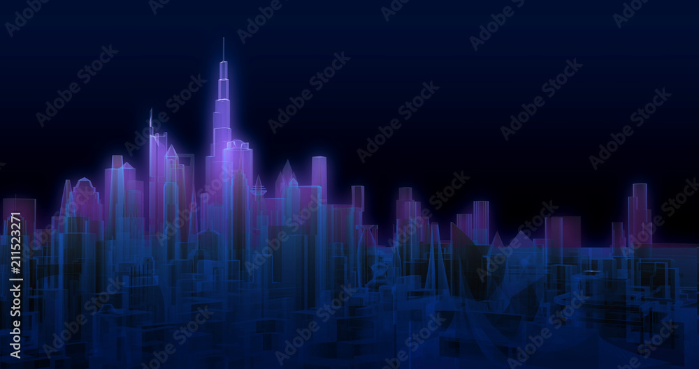 abstract glowing urban cityscape in the dark