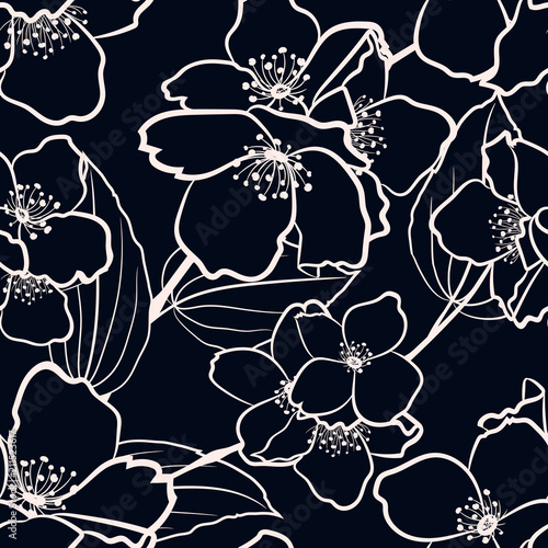 Seamless floral pattern with vector jasmine elements for fabric or wrapping design. Black and white. Chalkboard.