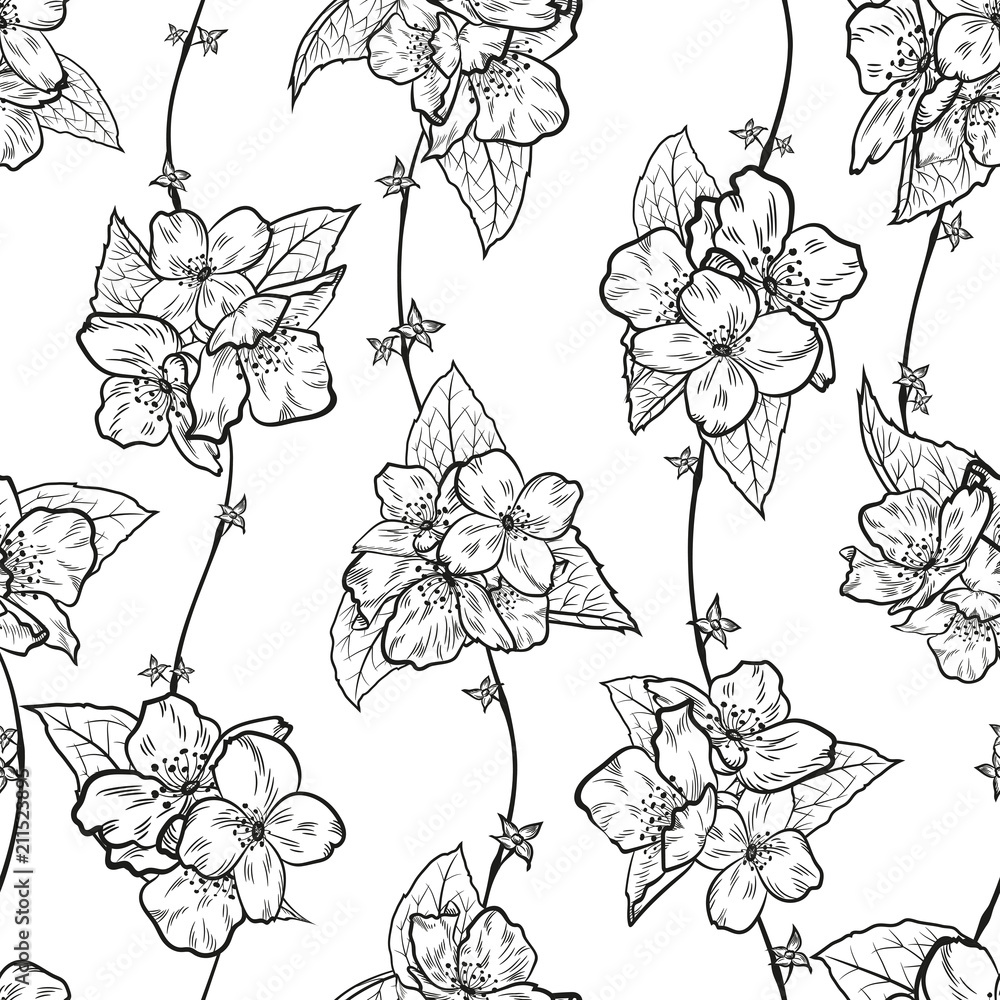 Seamless floral pattern with vector jasmine elements for fabric or wrapping design. Black and white.