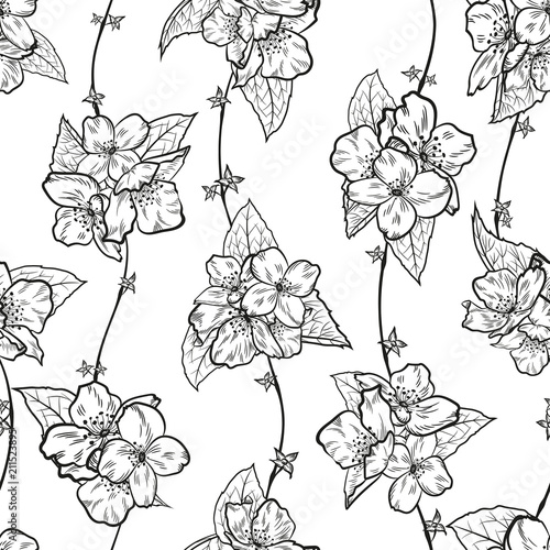 Seamless floral pattern with vector jasmine elements for fabric or wrapping design. Black and white.