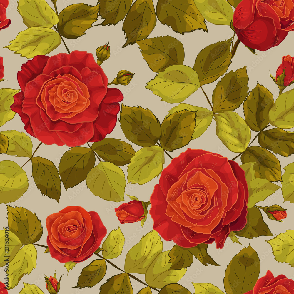 Seamless floral pattern with blooming roses and leaves_red roses Seamless floral pattern with blooming roses and leaves_red roses