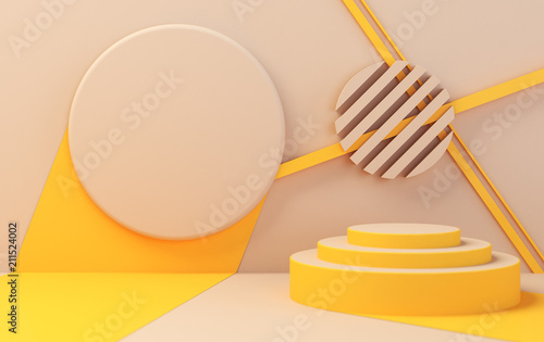 Scene with geometrical forms, color wall, minimal background, render