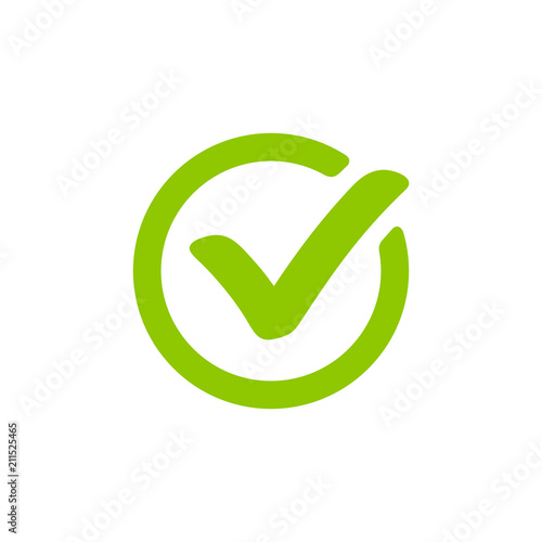 Green check mark icon in a circle. Tick symbol isolated on white background. Vector.
