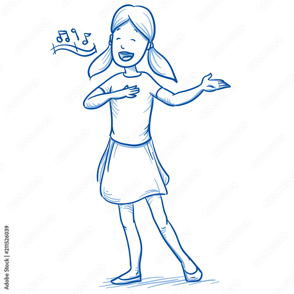 Happy young girl singing a song. Hand drawn cartoon doodle vector illustration. Happy young girl singing a song. Hand drawn cartoon doodle vector illustration.