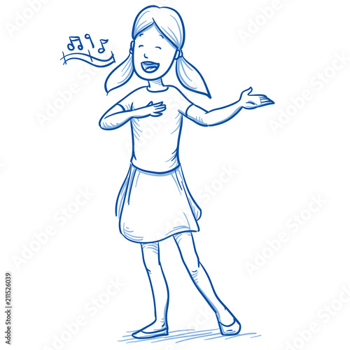 Happy young girl singing a song. Hand drawn cartoon doodle vector illustration.
