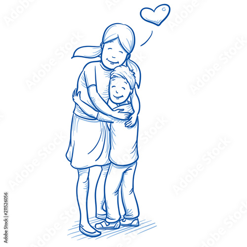 Happy young girl hugging her younger brother, love between brothers and sisters. Hand drawn cartoon doodle vector illustration.