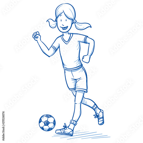 Happy young school girl writing on a blackboard. Hand drawn cartoon doodle vector illustration. 