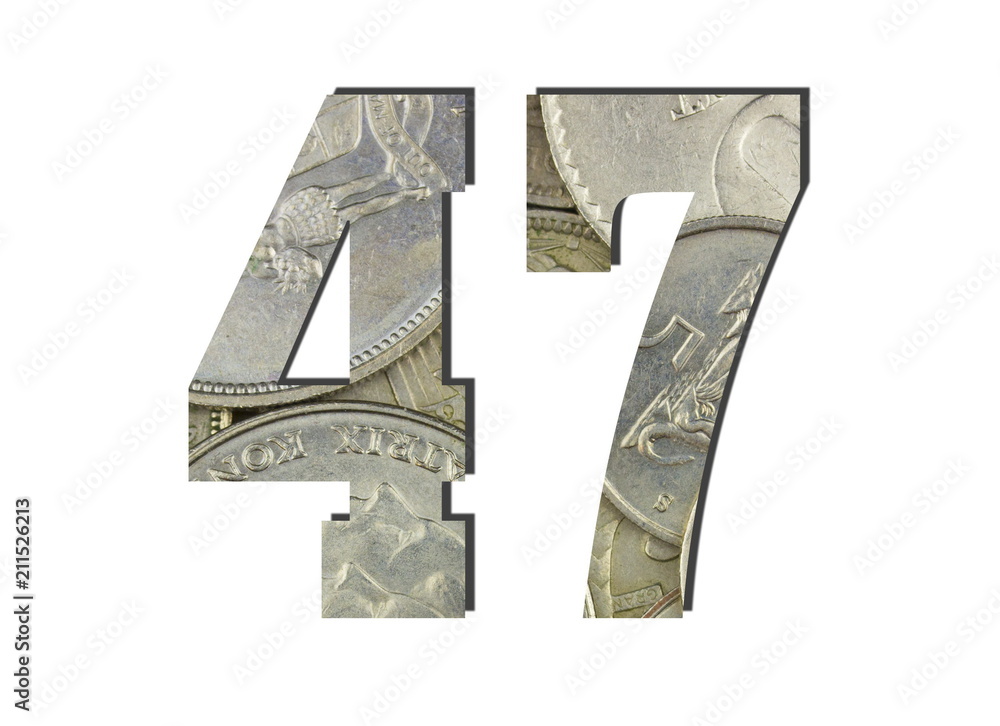 47 3d Number Shiny silver coins textures for designers. White isolated 47 3d Number Shiny silver coins textures for designers. White isolated