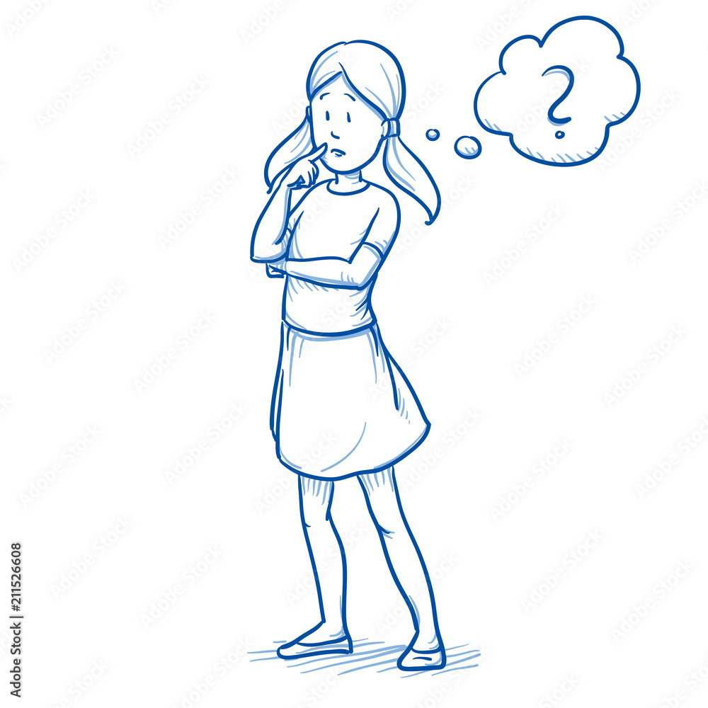 Young girl thinking about something, with question mark in a thought bubble. Hand drawn cartoon doodle vector illustration. Young girl thinking about something, with question mark in a thought bubble. Hand drawn cartoon doodle vector illustration.