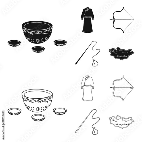 .mongol dressing gown, battle bow, theria on the map, Urga, Khlyst. Mongolia set collection icons in black,outline style vector symbol stock illustration web.