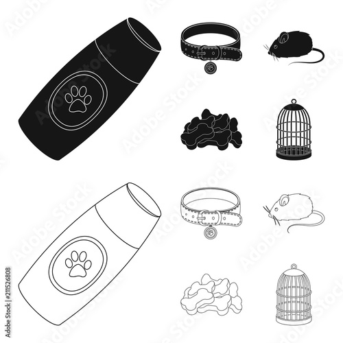 A collar, a forage, a toy, a cage and other products of the zoo store.Pet shop set collection icons in black,outline style vector symbol stock illustration web.