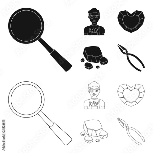 Jeweler, pliers, gold ore, garnet in the form of heart. Precious minerals and jeweler set collection icons in black,outline style vector symbol stock illustration web.