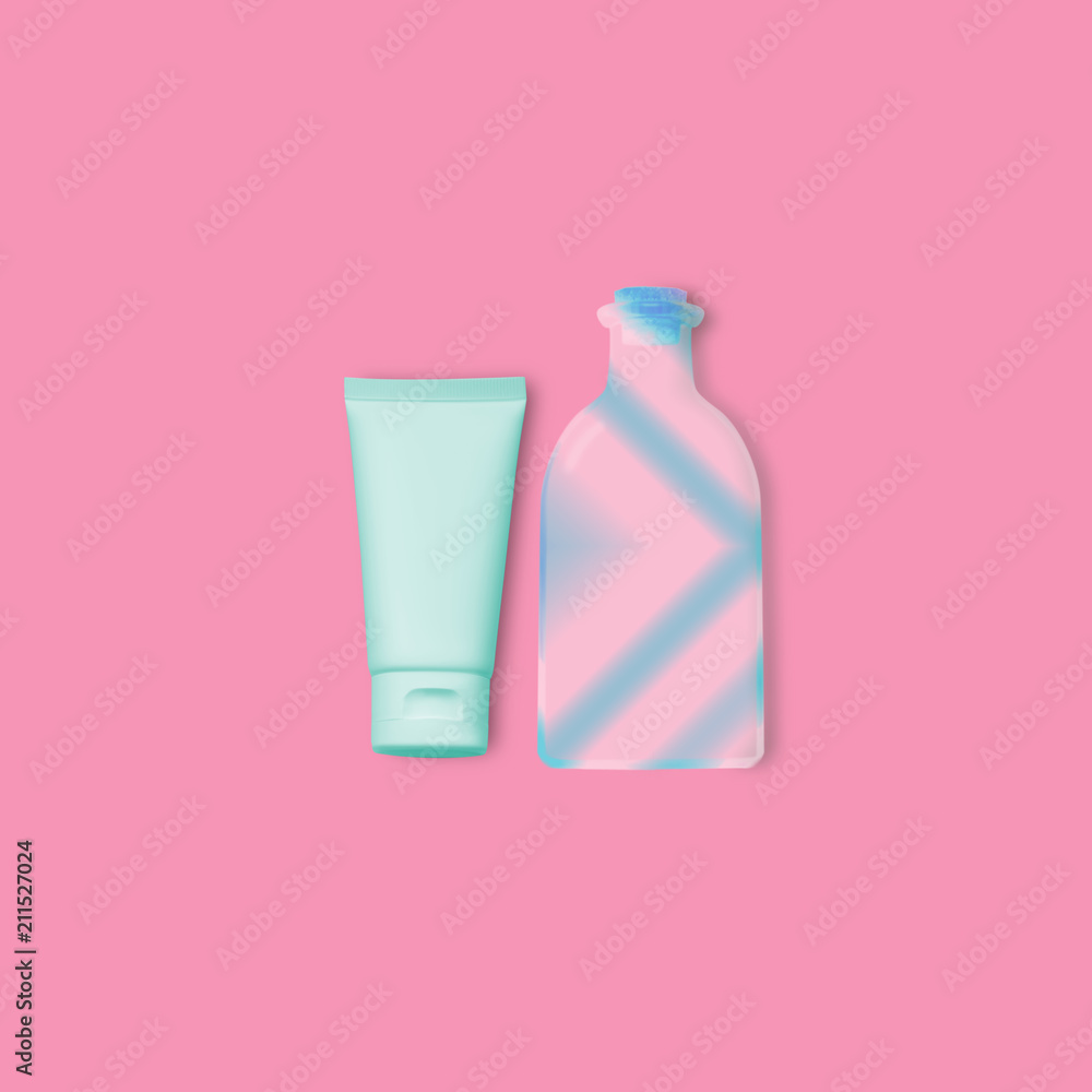 Illustration of a bottle with a cork and a tube of cream in bright colors on a pink gradient background. Summer in the style of minimalism. Conceptual art. Illustration of a bottle with a cork and a tube of cream in bright colors on a pink gradient background. Summer in the style of minimalism. Conceptual art.