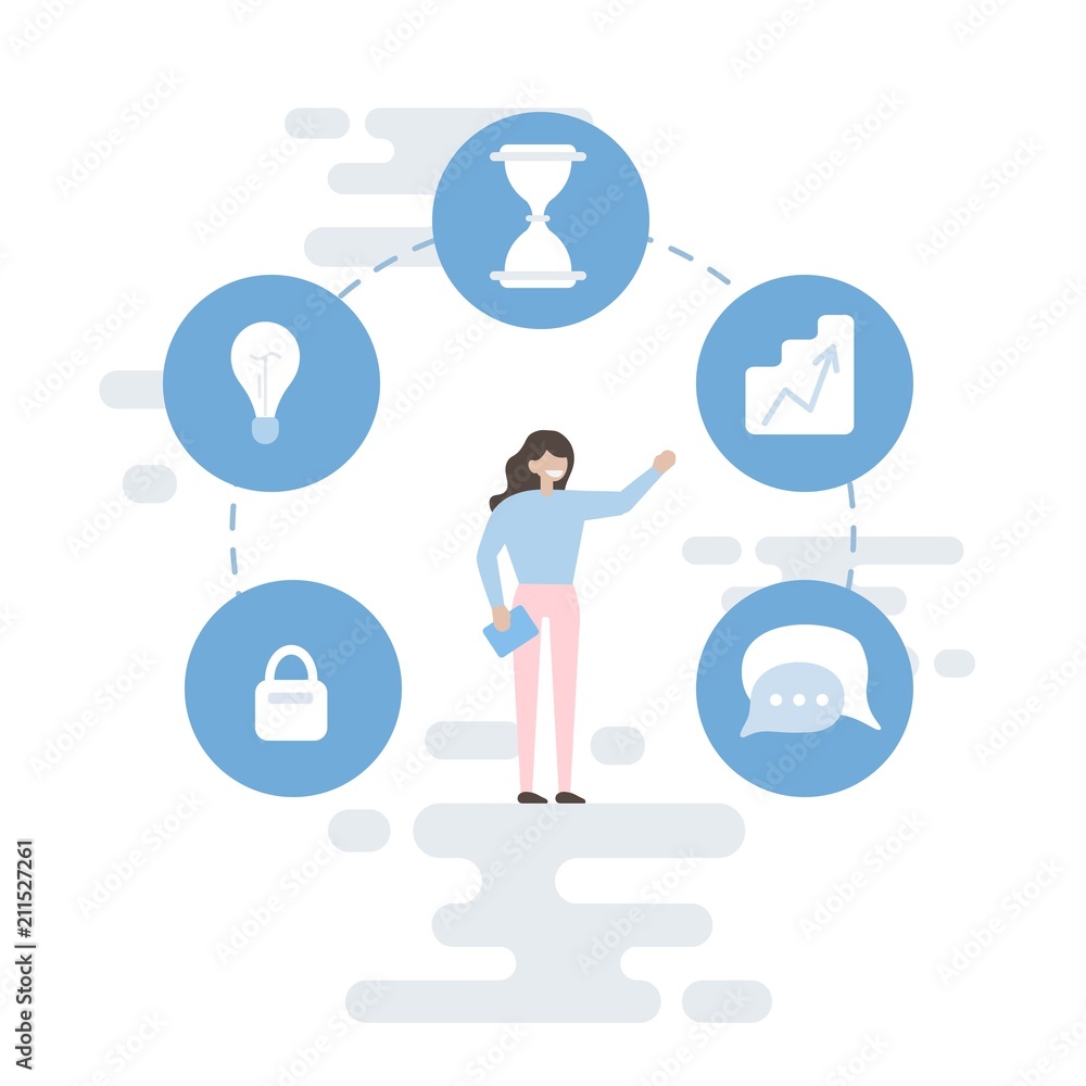The girl developed the idea. Optimization of the working process. Creative process. Business concept. Flat design. Vector illustration. The girl developed the idea. Optimization of the working process. Creative process. Business concept. Flat design. Vector illustration.
