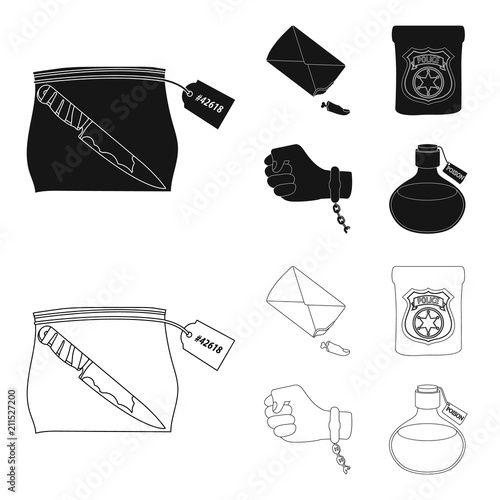 The detective badge, the handcuff on the criminal hand, the stump of the finger in the bag, the flask with the poison. Crime and detective set collection icons in black,outline style vector symbol