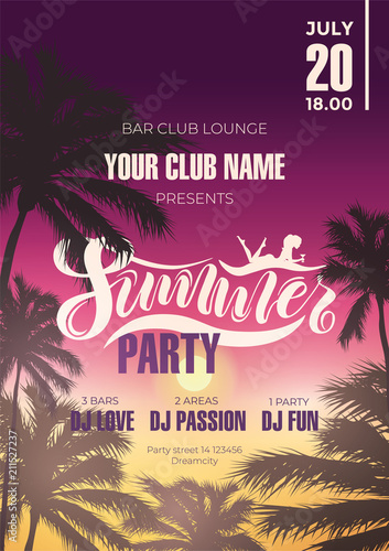 Summer party colorful vector invitation design. Warm season lettering typography for postcard, card, invitation.Calligraphy greeting card.Typography illustration EPS 10, logo, badge, icon, banner