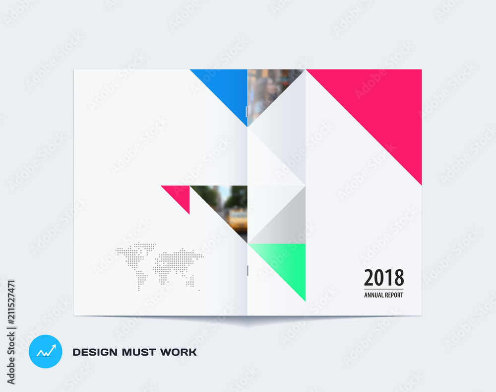 Abstract double-page brochure design triangular style with colourful triangles for branding. Business vector presentation broadside.