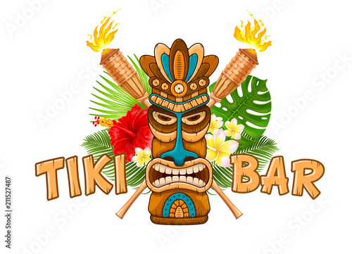 Wooden Tiki mask and signboard of bar