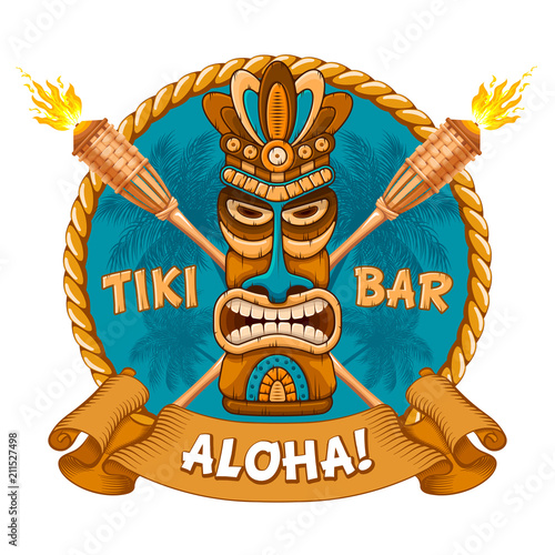 Wooden Tiki mask and signboard of bar