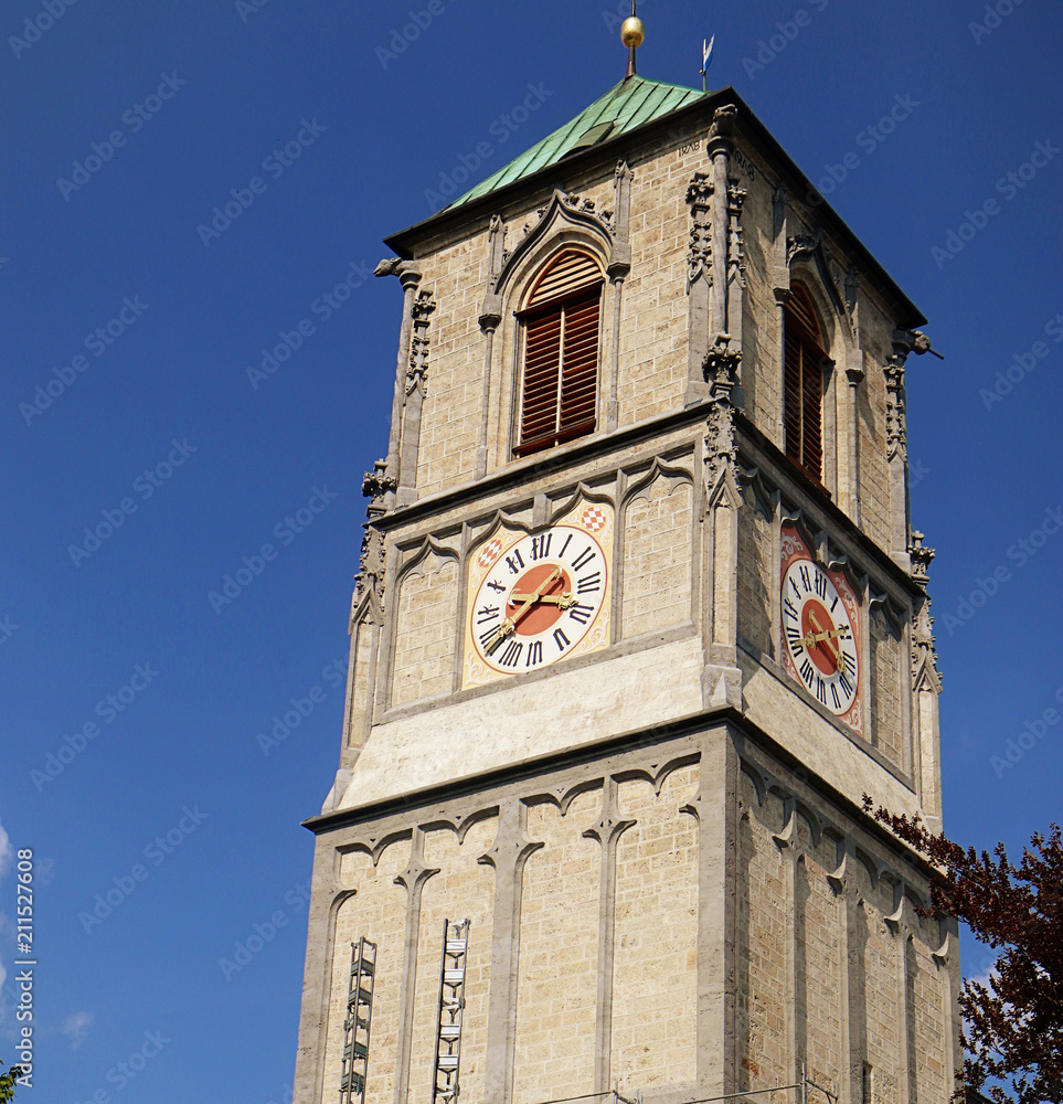 Clock tower in late gothic style of the medieval  St. Jakob church at Wasserburg am Inn, Upper Bavaria, Germany