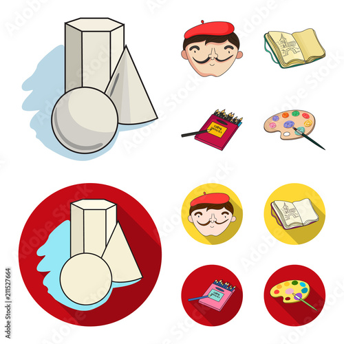 Geometric still life, a self-portrait of the artist, a notebook with drawings, a box of colored pencils.Artist and drawing set collection icons in cartoon,flat style vector symbol stock illustration