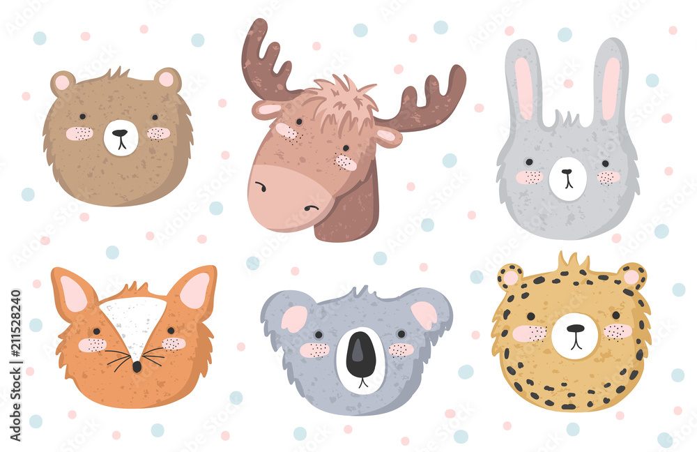 Vector set of cute doodle stickers with funny animals