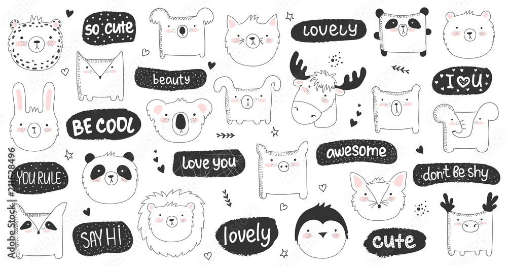 Vector set of doodle stickers with funny animals and cute text.