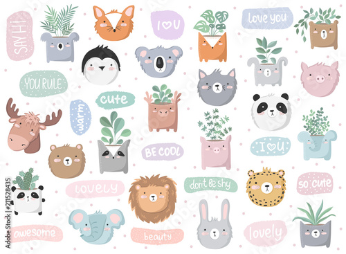 Vector set of cute doodle stickers with funny animals, text and house plants
