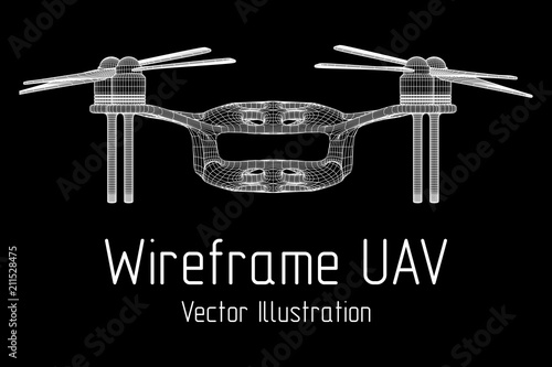 Remote control air drone. Dron flying with action video camera. Wireframe low poly mesh vector illustration