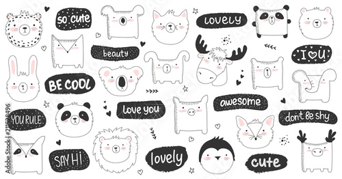 Vector set of doodle stickers with funny animals and cute text.