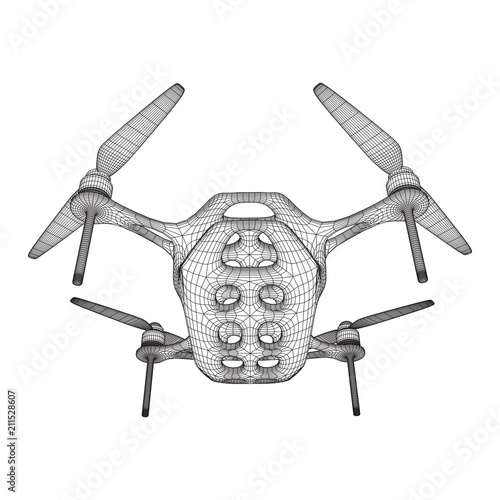 Remote control air drone. Dron flying with action video camera. Wireframe low poly mesh vector illustration