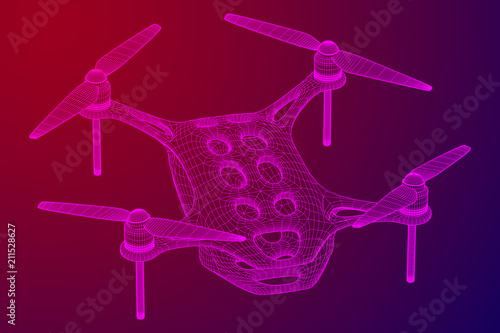 Remote control air drone. Dron flying with action video camera. Wireframe low poly mesh vector illustration