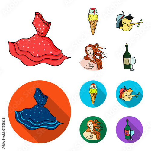 Italian dress, gelato, pinocchio, goddess of love. Italy set collection icons in cartoon,flat style vector symbol stock illustration web.