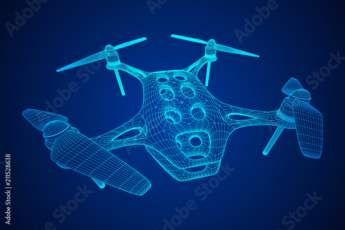 Remote control air drone. Dron flying with action video camera. Wireframe low poly mesh vector illustration