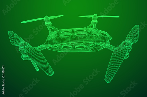 Remote control air drone. Dron flying with action video camera. Wireframe low poly mesh vector illustration