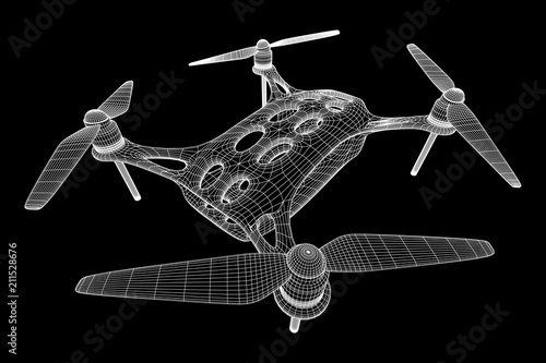 Remote control air drone. Dron flying with action video camera. Wireframe low poly mesh vector illustration