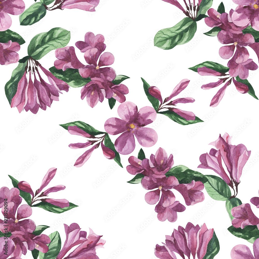 watercolor weigela flower seamless texture pattern background