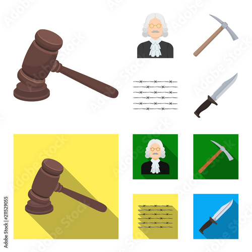 Judge, wooden hammer, barbed wire, pickaxe. Prison set collection icons in cartoon,flat style vector symbol stock illustration web.