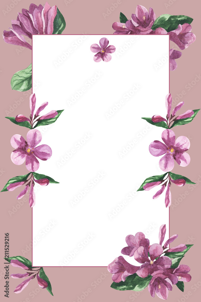 floral frame, watercolor weigela flower texture pattern background