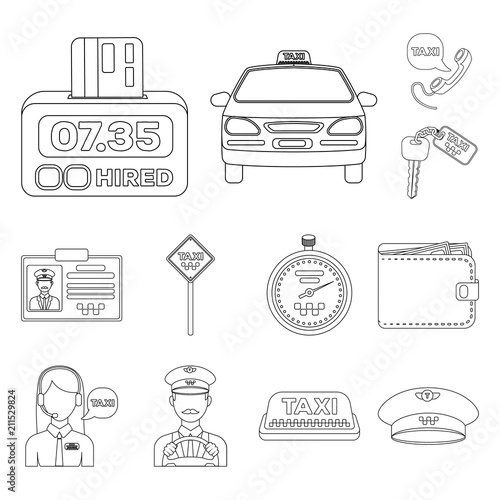 Taxi service outline icons in set collection for design. Taxi driver and transport vector symbol stock web illustration.