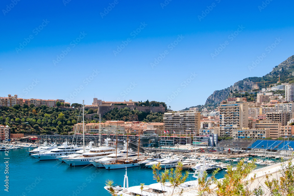 Many motor yachts docked in Fontvielle harbour on a sunny day, Monaco.
