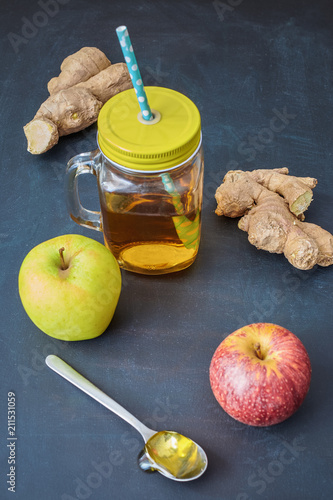 Homemade energy drink switchel in a mason jar photo