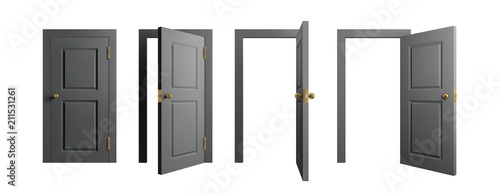 Doors set. Front view opened and closed door. Realistic isolated vector illustration.