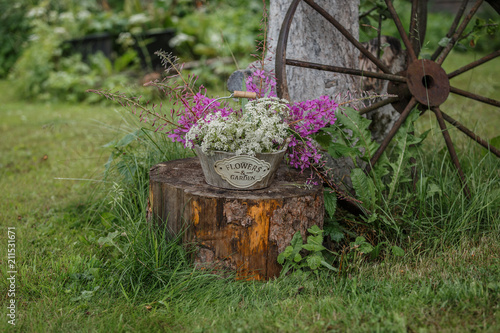 кашпо с цветами на деревянном пеньке и старое колесо в летнем саду