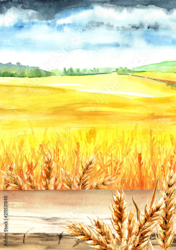Wheat field with blank board. Summer rural landscape. Watercolor hand drawn vertical illustration, background for your design