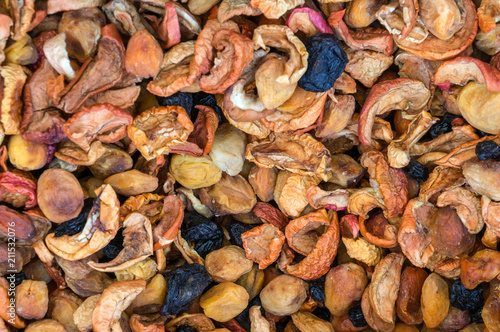 Background of organic dried fruits and home-made nuts. Close up