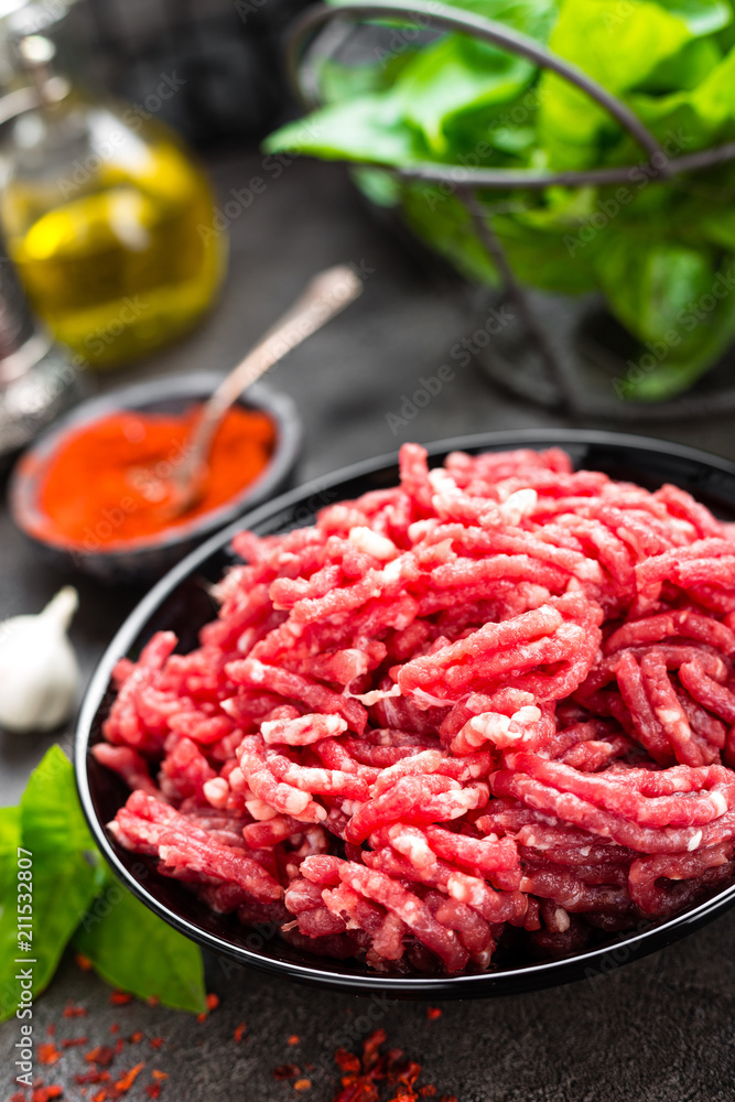 Raw ground beef meat. Fresh minced meat Raw ground beef meat. Fresh minced meat